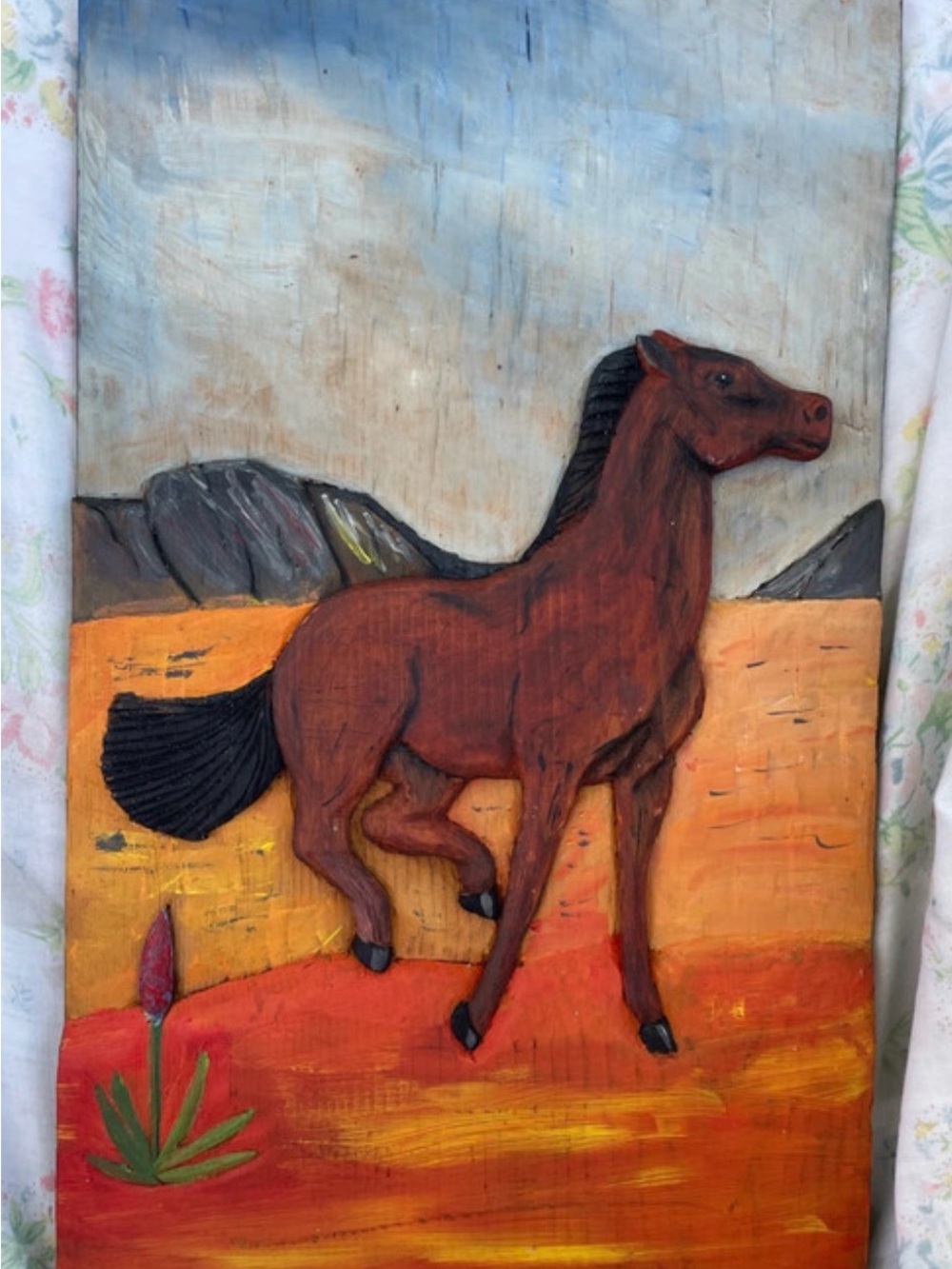 Vintage hand-carved wooden horse plaque~ Rustc desert Americana art